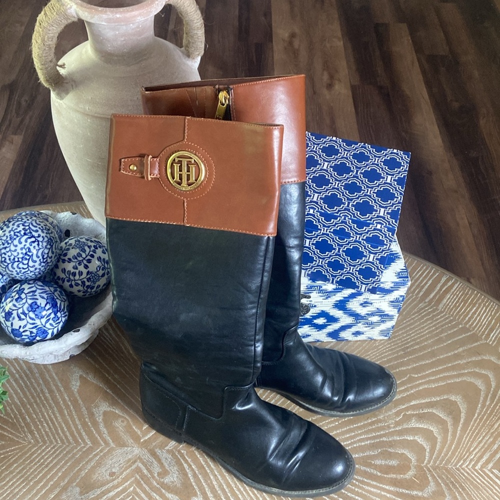 Tommy Hilfiger Camel Brown & Black Riding Boots Women Size 8 - Picture 1 of 10